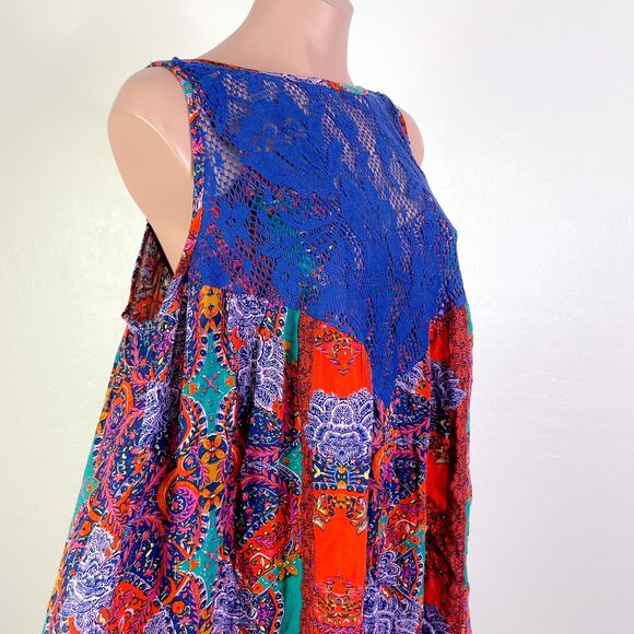 Free People Count Me in Trapeze Bohemian Tank Top Hot Red Combo size XS NWT - Picture 7 of 12